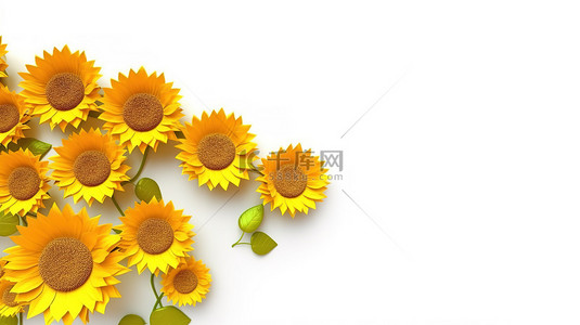 白色背景下亮黄色向日葵的 3D 插图