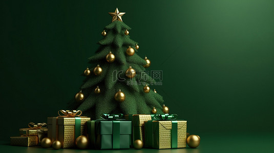 新年礼物背景图片_绿色背景横幅，带有节日圣诞树和新年礼物的 3D 渲染