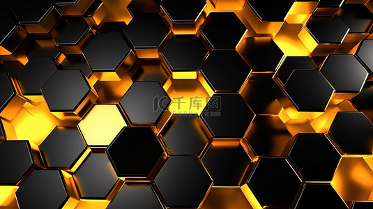 黄色亮黑色几何六边形的豪华抽象背景 3D 渲染