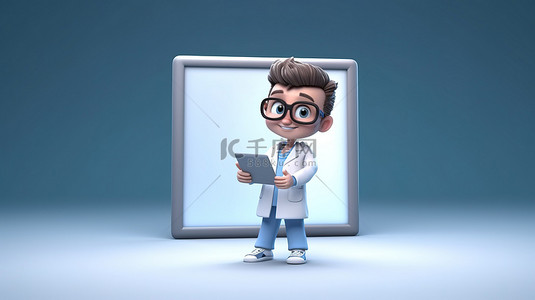 卡通风格 3D 渲染一位可爱的医生，显示大屏幕平板电脑用于文本输入