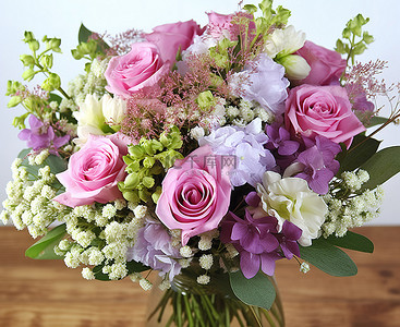 美丽的粉红色丁香蓝色白色和满天星玫瑰插在花瓶里
