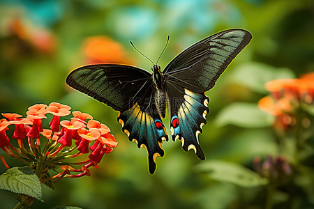 孔雀背景图片_一只黑色和金色的孔雀燕尾蝴蝶在花丛中休息