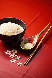 米饭背景图片_红色背景中的米饭和筷子