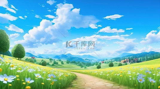 春季和夏季蓝天白云的卡通草地和山地景观的 3D 渲染
