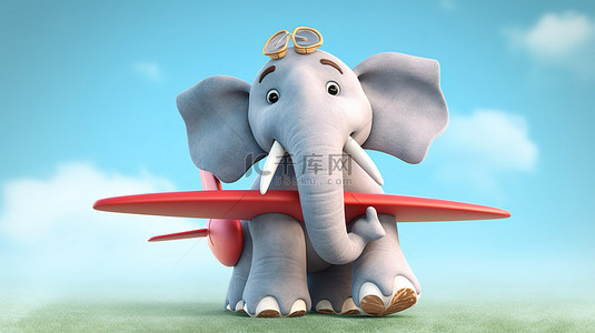 欢快的 3D 大象，手里拿着玩具飞机