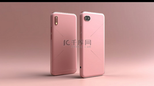 粉红色智能手机的时尚 3D 渲染展示正面和侧面