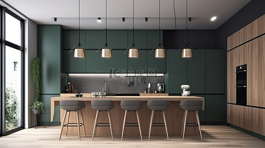 厨房墙背景图片_现代厨房和餐厅 3D 插图室内场景，带有木材和绿色装饰