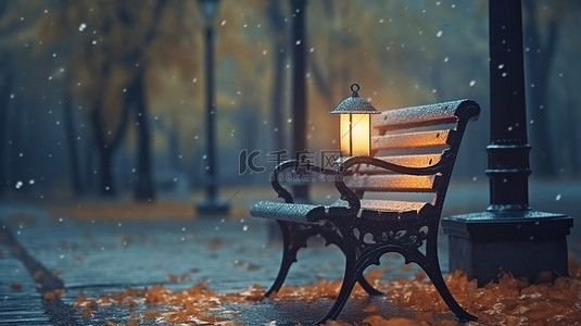 秋雨期间公园灯笼灯长凳的 3D 渲染