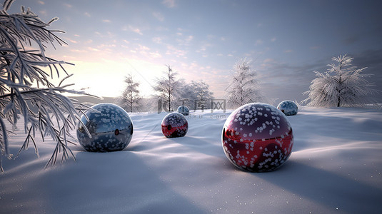 节日的圣诞小玩意装饰着 3D 雪景