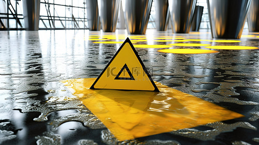 3D 渲染警告标志黄色波纹设计加密货币湿地板