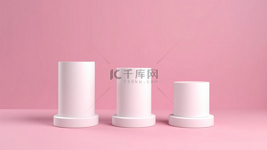 别致的化妆品产品架，三个粉红色和白色的圆形圆柱体，背景是充满活力的粉红色背景 3D 渲染插图