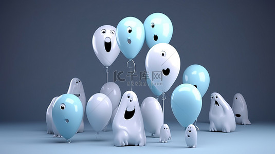 幽灵般的万圣节气球狂欢可爱的 3D 渲染卡通幽灵，有文字空间