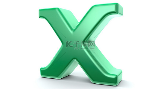 绿色阳极氧化 3D 渲染字体中的小写 x，白色背景上带有哑光纹理
