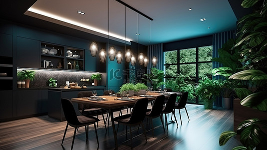用餐背景图片_高档厨房和用餐区，配有夜间照明郁郁葱葱的树叶 3D 室内视觉