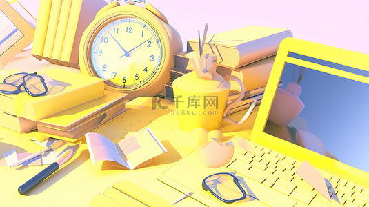 带复制空间的黄色背景 带闹钟彩色铅笔和笔记本电脑的高效工作空间的 3d 渲染