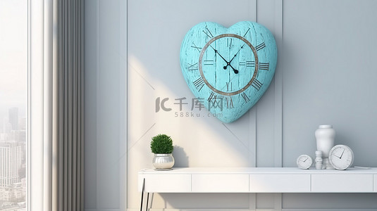 墙上的爱时间心形时钟 3D 渲染插图