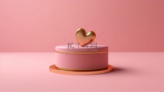 红金色丝带背景图片_腮红彩色平台和金色丝带绑礼盒，在柔和的粉红色背景 3d 上渲染心形情人节的爱