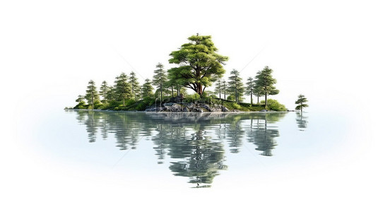 森林山顶背景图片_白色背景下宁静的山湖和孤立的树木的 3D 插图