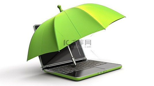 保护笔记本电脑的绿色雨伞 3D 概念艺术