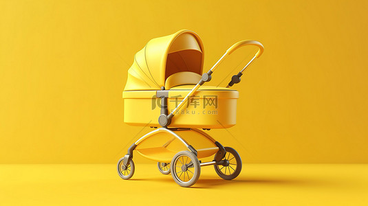 妈妈和孩子背景图片_黄色婴儿车婴儿车和婴儿车，在充满活力的背景上配有现代扭曲双色调模型3D 渲染