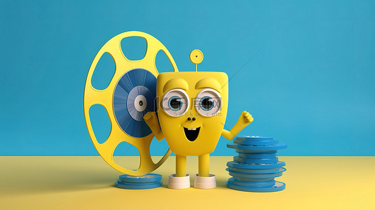 电影院胶片背景图片_黄色背景上带有胶片卷轴和电影磁带的蓝皮书人物吉祥物的 3D 渲染