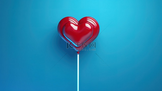 3D 渲染中蓝色背景上的浪漫手势红心棒棒糖