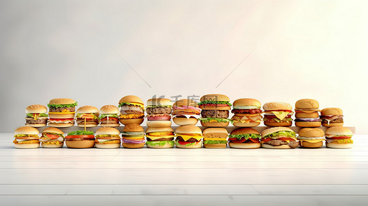 在浅色背景上以逼真的 3D 渲染呈现丰富的汉堡