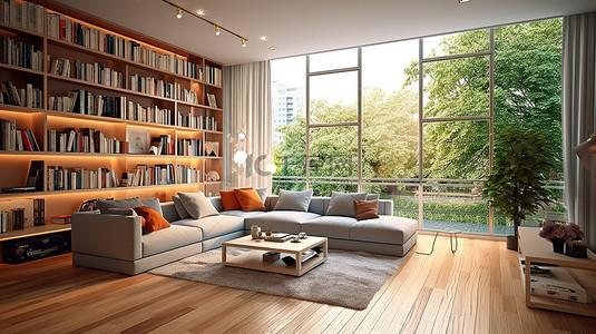 阳光普照的客厅配有宽敞的沙发木地板书架咖啡桌和超大窗户的 3D 渲染
