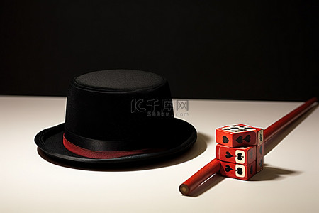 一对骰子和一顶帽子，旁边有一根魔法棒