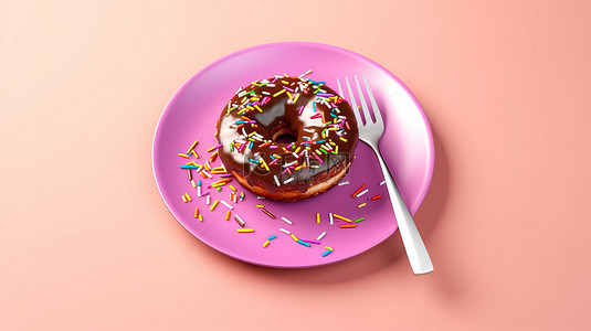 糖一包背景图片_美味的巧克力釉面甜甜圈，上面撒着彩色的糖粉，放在盘子上，上面有叉子和刀子，从上面看粉红色背景 3D 渲染