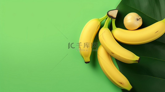 绿色和黄色背景平躺 3D 插图上香蕉的顶部视图