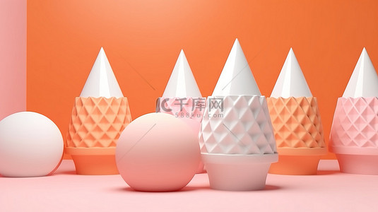 极简主义的粉色橙色背景与抽象的 3d 白色冰淇淋