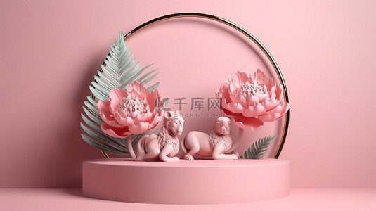 柔和的粉红色背景上牡丹花和棕榈叶框架的图片，带 3D 讲台显示