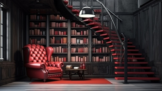 落地书架背景图片_楼梯图书馆下迷人的英式风格，配有 3D 渲染的红色扶手椅