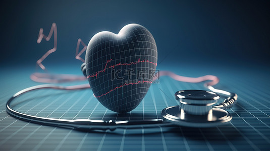 心跳背景背景图片_带有 3d 渲染听诊器心电图和心脏的蓝色背景