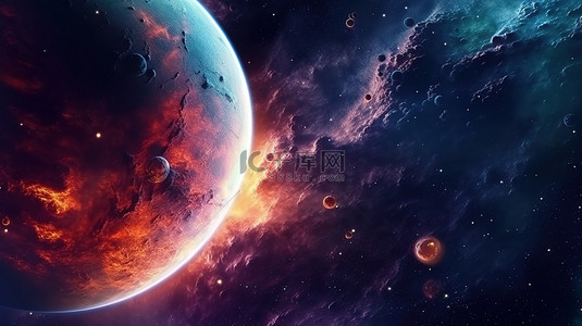 太空紫色背景图片_浩瀚外太空中遥远恒星行星和星系的 3D 插图