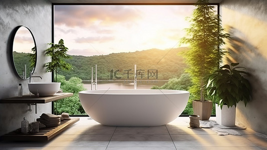 洗澡背景图片_3D 渲染美丽的浴室内部，配有浴缸和风景优美的自然景观