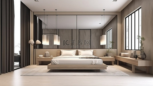 带沙发和镜子 3d 渲染的豪华现代阁楼卧室套房