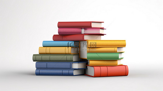 教育概念的 3D 插图一堆书图书馆词典和白色背景知识