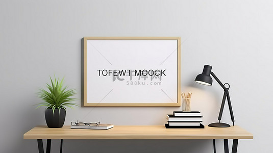 现代办公桌上的空框架模型，具有充足的复制空间和白墙背景 3D 插图