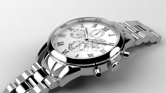 时尚银色模拟手表，适合男士，在白色背景 3D 渲染上采用经典奢华设计