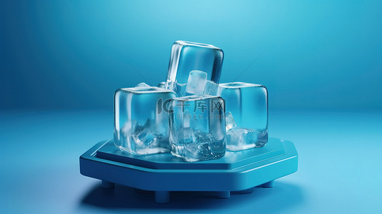冰块蓝色背景背景图片_冷藏完美 3d 冰块和产品展示在凉爽的蓝色背景上
