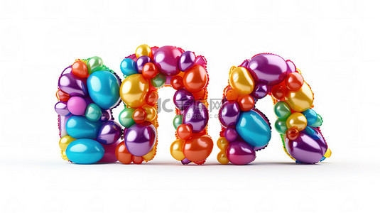 3D 渲染的彩色充气气泡字母在白色背景上拼出“生日快乐”