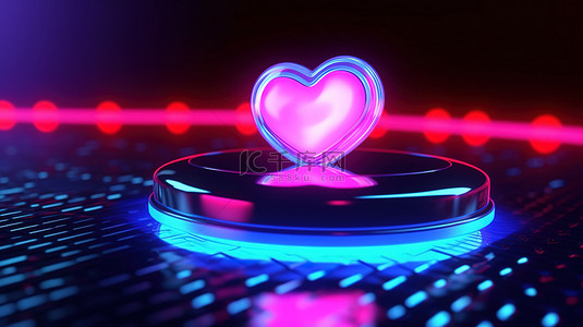 情人节粉红背景图片_霓虹灯照亮的抽象心与 3D 爱情按钮完美的情人节