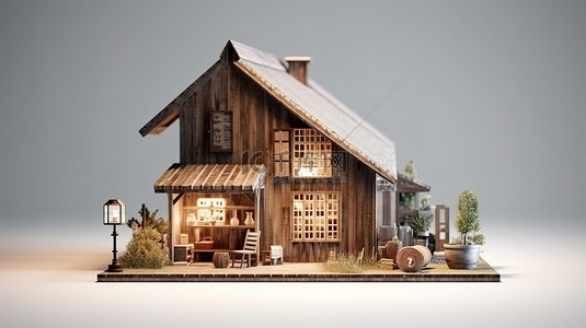 简约的室内设计与 3D 木屋插图中的质朴魅力相遇
