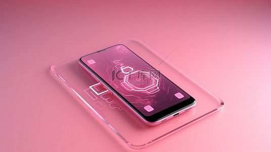 3D 渲染智能手机屏幕，具有 ui 应用程序图标和粉红色复制空间