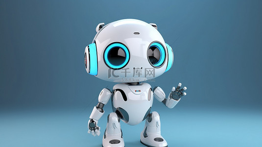 卡通 AI 机器人在可爱的 3D 渲染中挥手打招呼