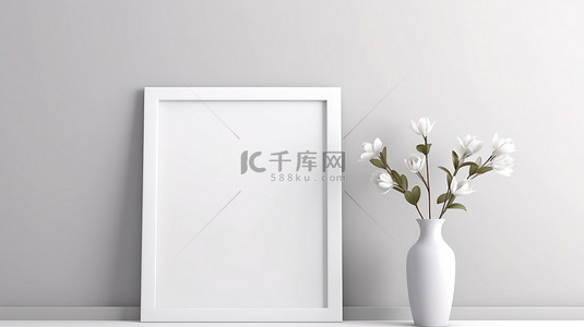 墙上装饰背景图片_3D 渲染相框模型，白墙上装饰着鲜花