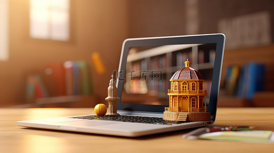 家庭学校儿童背景图片_课桌的 3D 插图，配有在线学校笔记本电脑和充足的复印空间