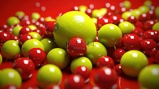充满活力的柑橘展示酸橙汁，在 3D 创建的红色背景上爆发出彩色球体